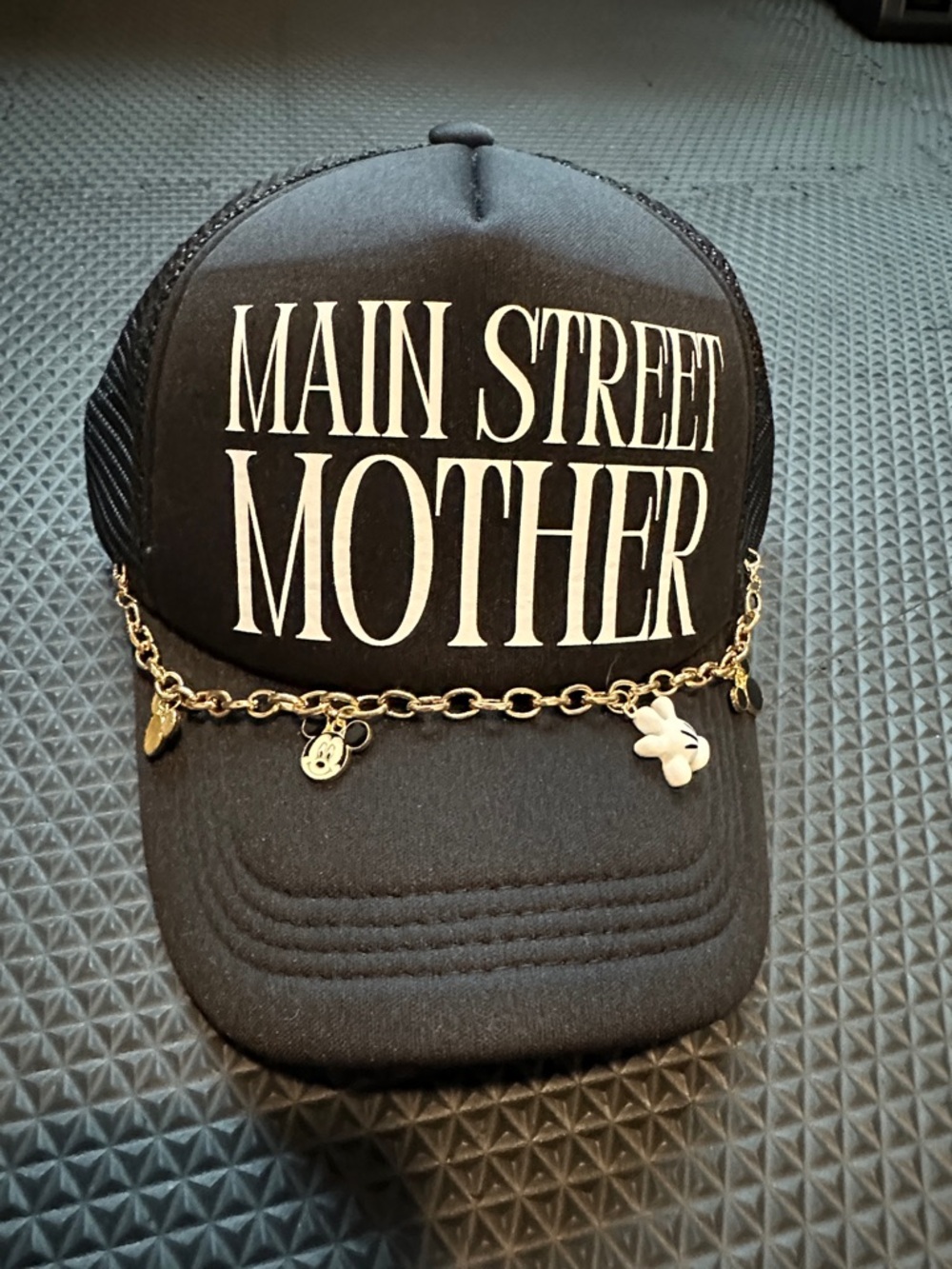 Black Charm Trucker Hat with Gold Accent Chain